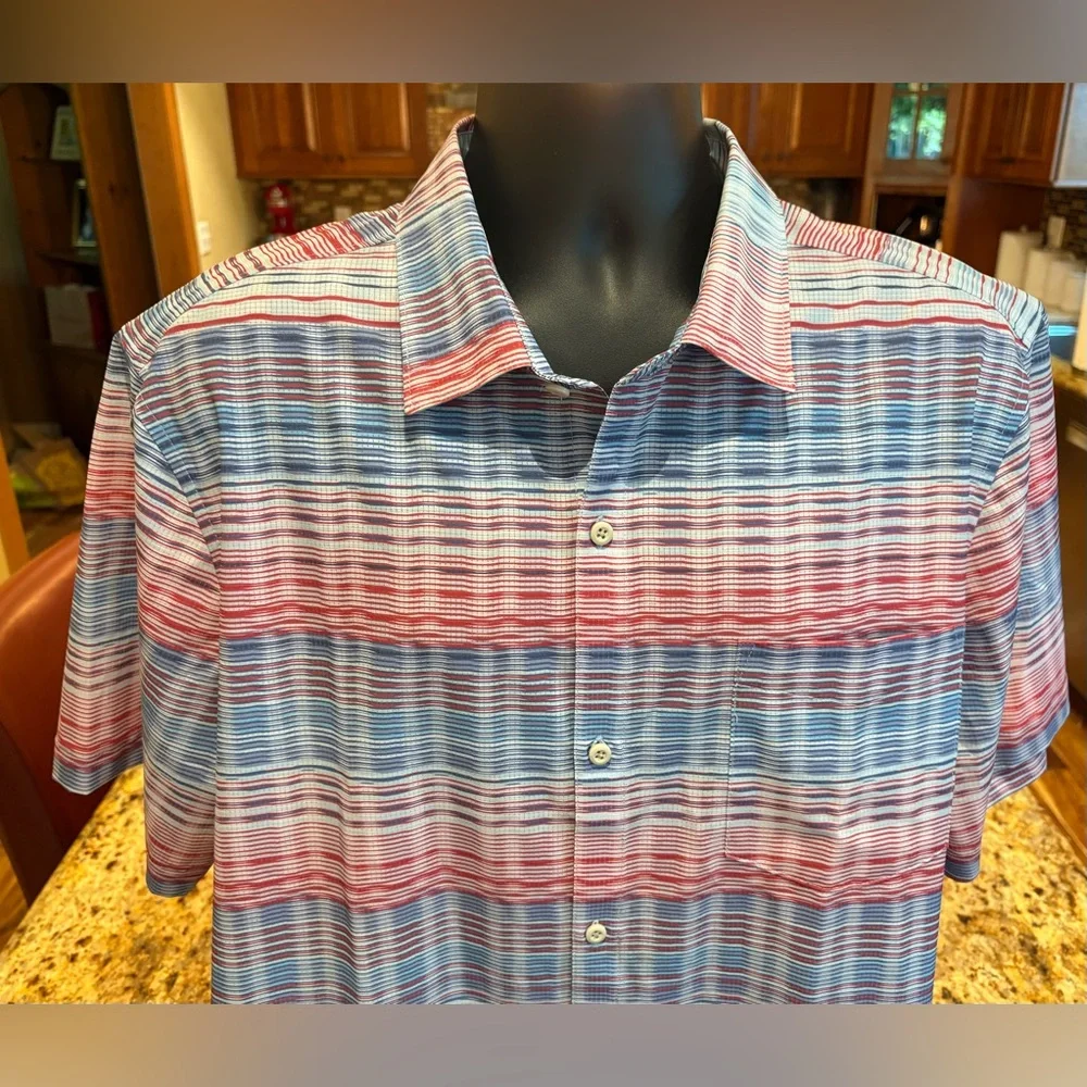 Tommy Bahama men’s performance Island zone camp shirt. Sharp blue/red stripes. - Picture 1 of 6